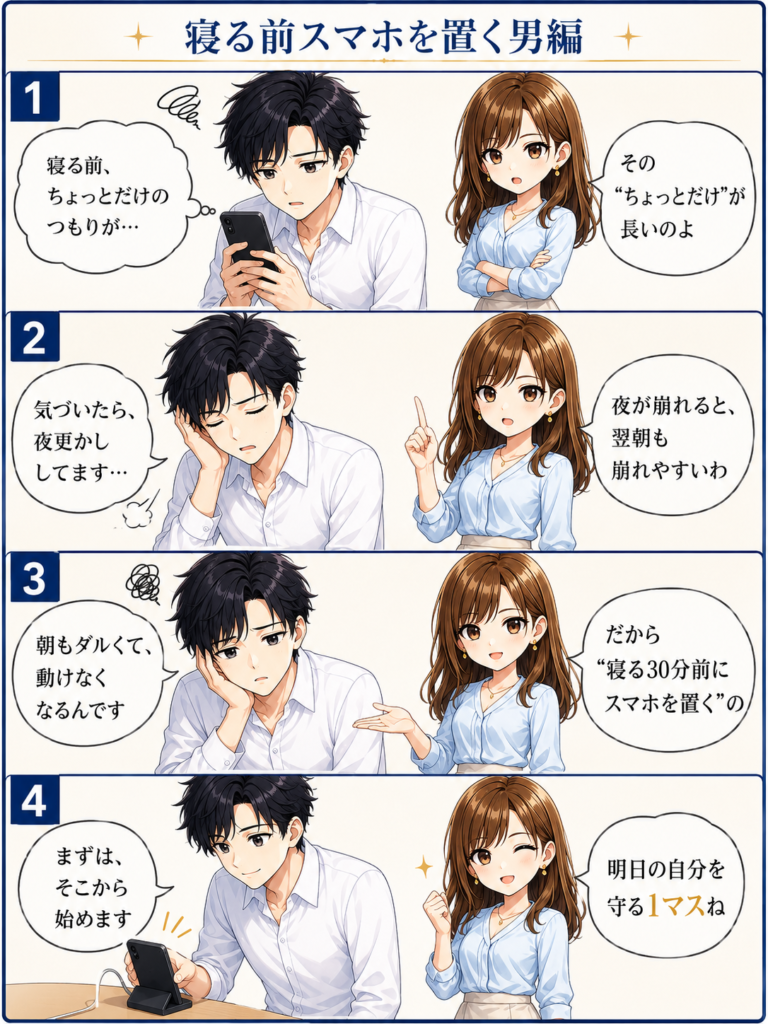 寝る前スマホを置く男編